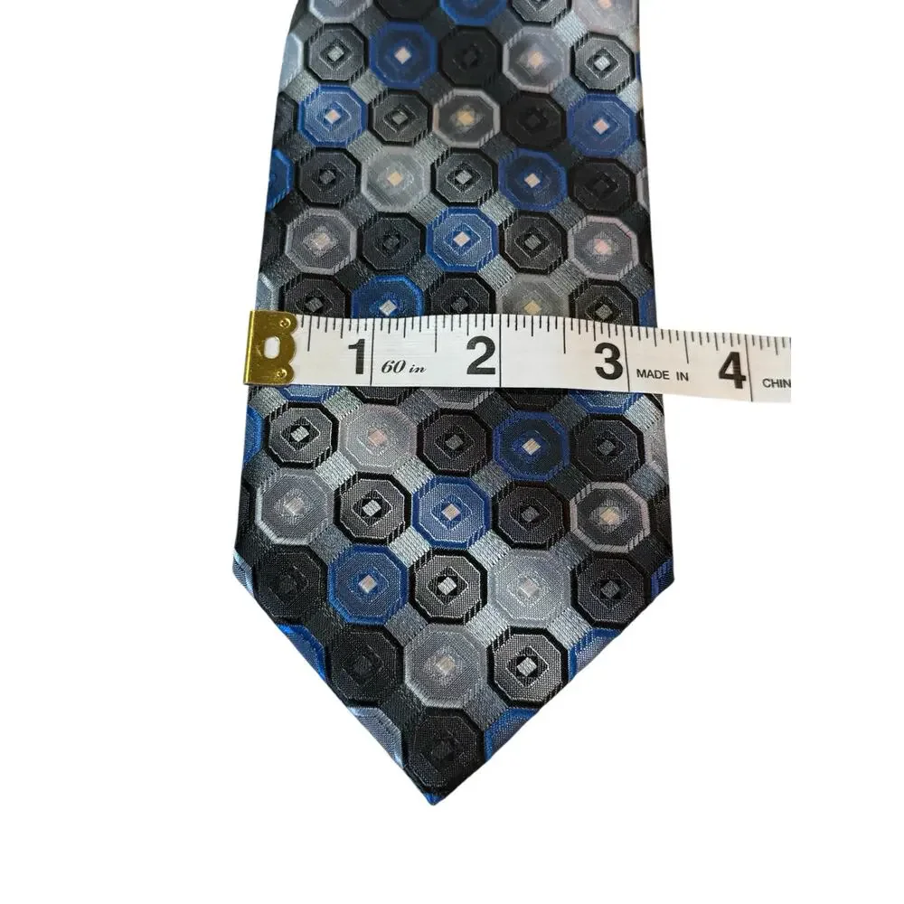 VTG Croft & Barrow‎ Blue Black Silver Geometric Silk Necktie Hexagon Pattern Tie